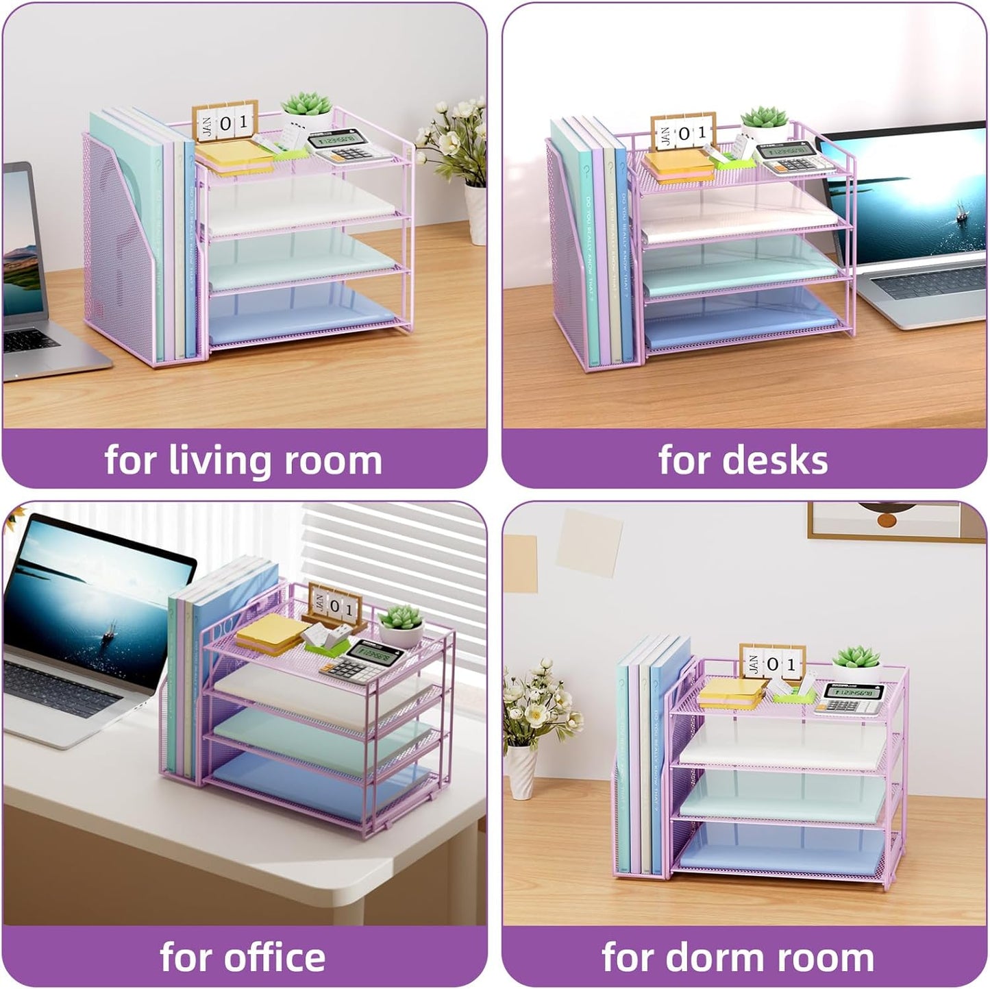 Marbrasse Desk Organizer and Accessories,4-Tier Paper Letter Tray Organizer with File Holder,Desk Accessories & Workspace Desktop Organizers for School Home Office Supplies (Purple)