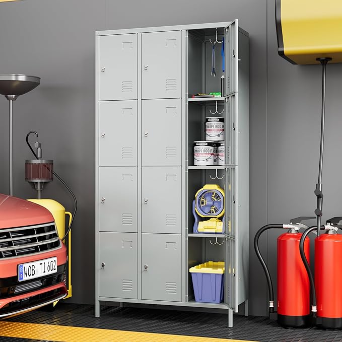 Metal Lockers for Employees with 12 Door & Hooks,Metal Storage Locker with Lock and Card Slot for School Office Garage Gym Bedroom Home,Assembly Required,12 Doors Light Grey