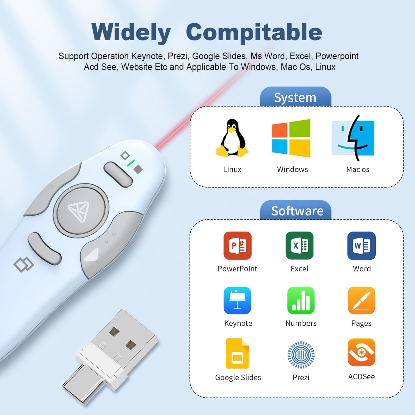 QUI Presentation Clicker Wireless Presenter Remote Clicker for PowerPoint Presentation Remote, PowerPoint Slide Advancer for Mac/Windows/Linux, Google Slide/PPT/Keynote, Type-c Blue