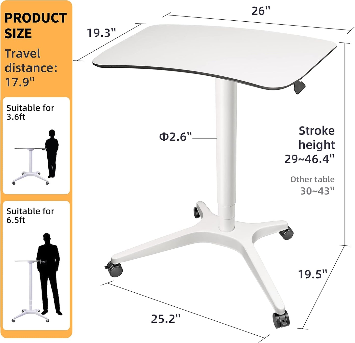 Pneumatic Adjustable Height Desk, Laptop Standing Desk, Rolling Sit-Stand Cart, Mobile Podium Portable Lectern for Home, Office& Classroom, 26" 19.3" Platform (29" to 46.9" H),White