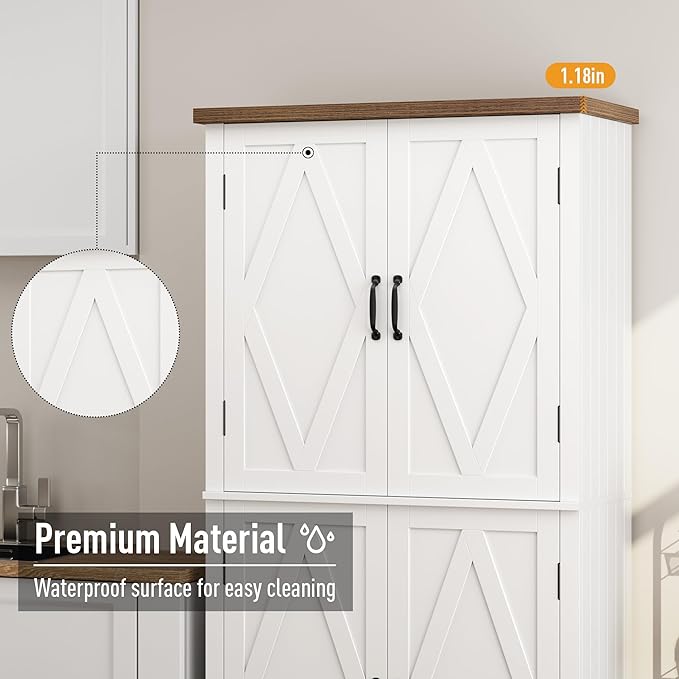 HOSTACK 64" Tall Pantry Cabinet, Modern Farmhouse Kitchen Pantry, Wood Bathroom Storage Cabinet, Large Bookcase, 4 Doors|Adjustable Shelves, for Dining Room, Living Room, Home Office, White