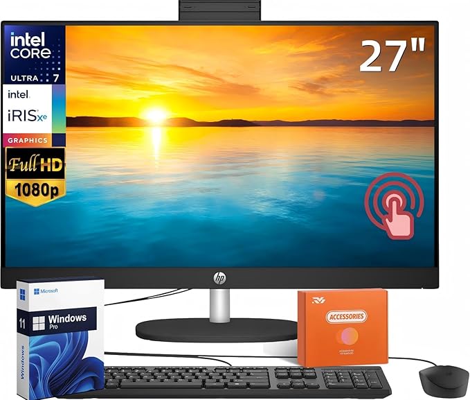 HP 27" FHD Touchscreen Business All-in-One Desktop Computer, Intel 12-Core Ultra 7 155U (Beats i7-1355U), 32 GB DDR5 RAM, 2 TB SSD, Intel Iris Xe Graphics, Wired KB & Mouse, Wi-Fi 6, Windows 11 Pro
