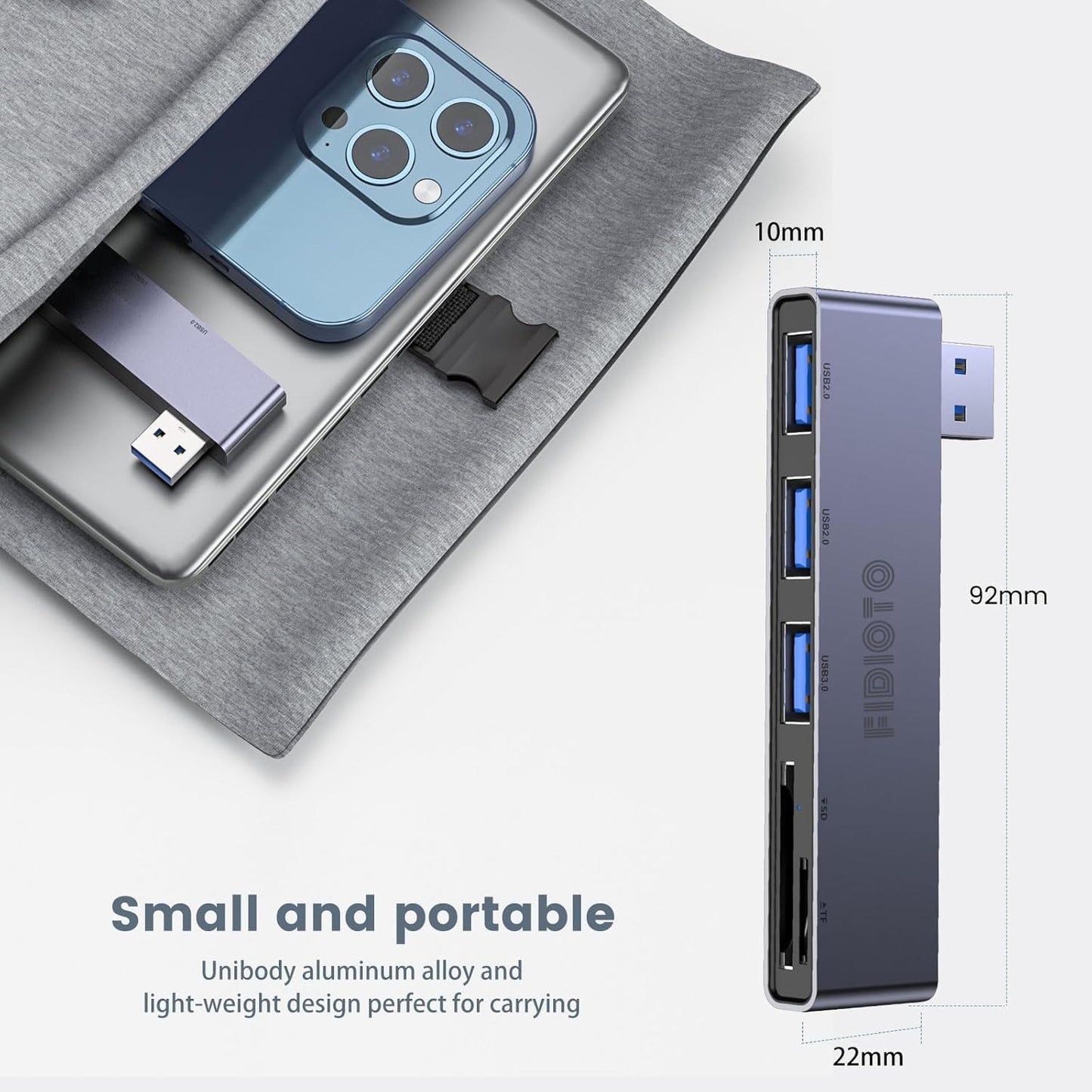 Fidioto USB A Hub, Left Model 5-in-1 Network-Hubs with 1 USB3.0 &2 USB2.0 & Micro SD/TF Card Reader, Compatible for Laptop MacBook, Chromebook, Dell, HP, Samsung, Keyboard, Mouse Etc.