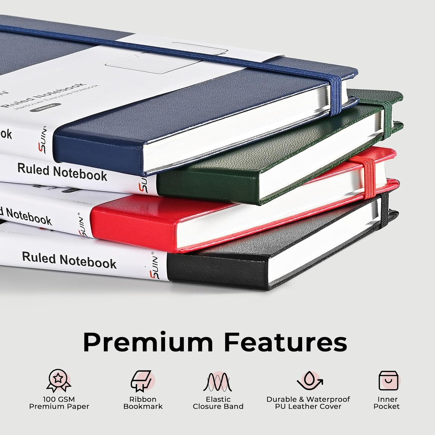 SUIN A5 Hardcover Notebook, 5.5" x 8.3", 100gsm, 160 Pages, Journal for Writing, Notebooks for work - No-Bleed Paper, Inner Pocket, Elastic Closure & Ribbon Bookmark, Black-1Pack