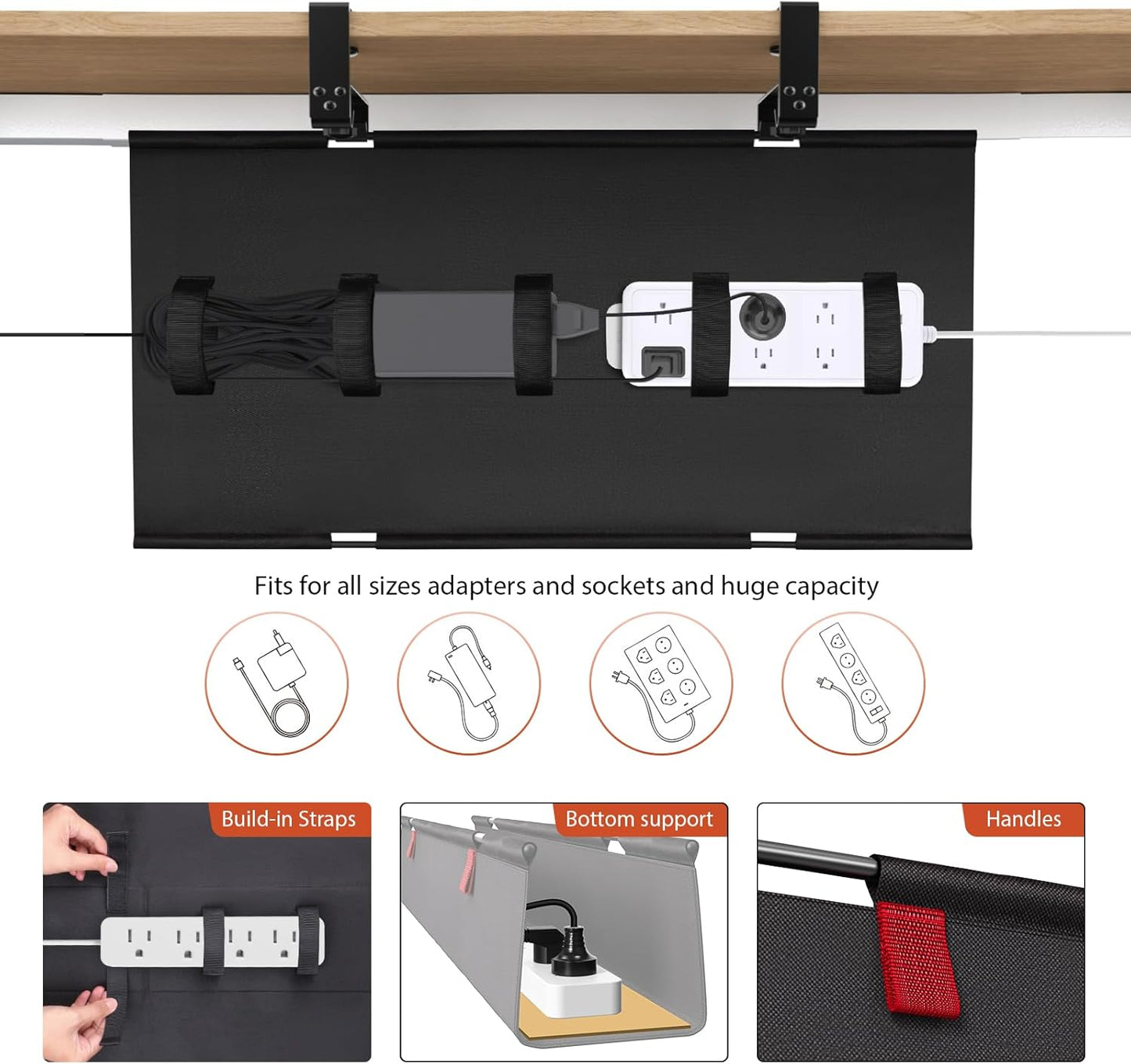 Univivi No Drill Under Desk Cable Management Tray, 28" Cord Organizer for Table, Clamp/Screw Mount Desk Cable Management, Premium Fabric Cable Management Tray for Office, Home