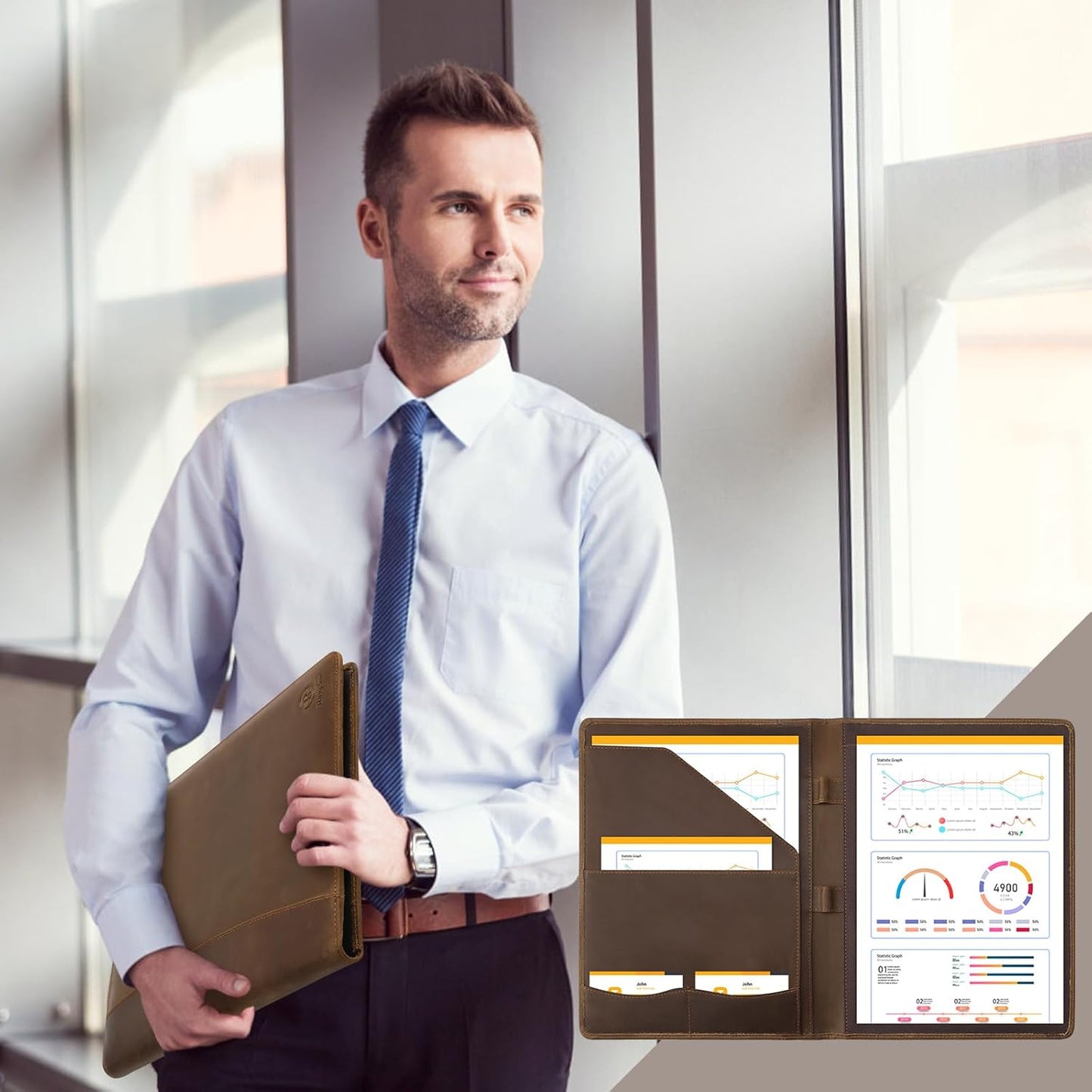 Ringsun Leather Portfolio Organizer for Men Women, Leather Padfolio Business Resume Legal Pad Portfolio Notebook Binder for A4/Pad, Leather Folio Leather Folder, Brown