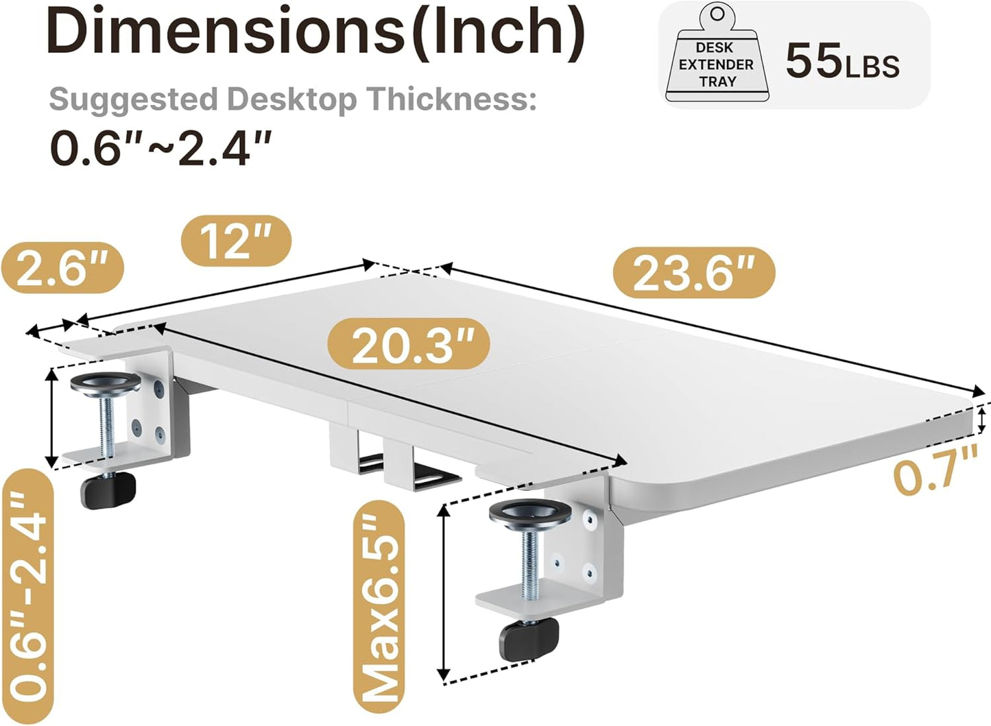 Desk Extender Tray, 24" x 12" Clamp On Shelf, Desk Extension with Laptop Holder, Table Arm Rest, Clamp On Keyboard Tray for Office and Home, Workstation Organizer, Medium, White