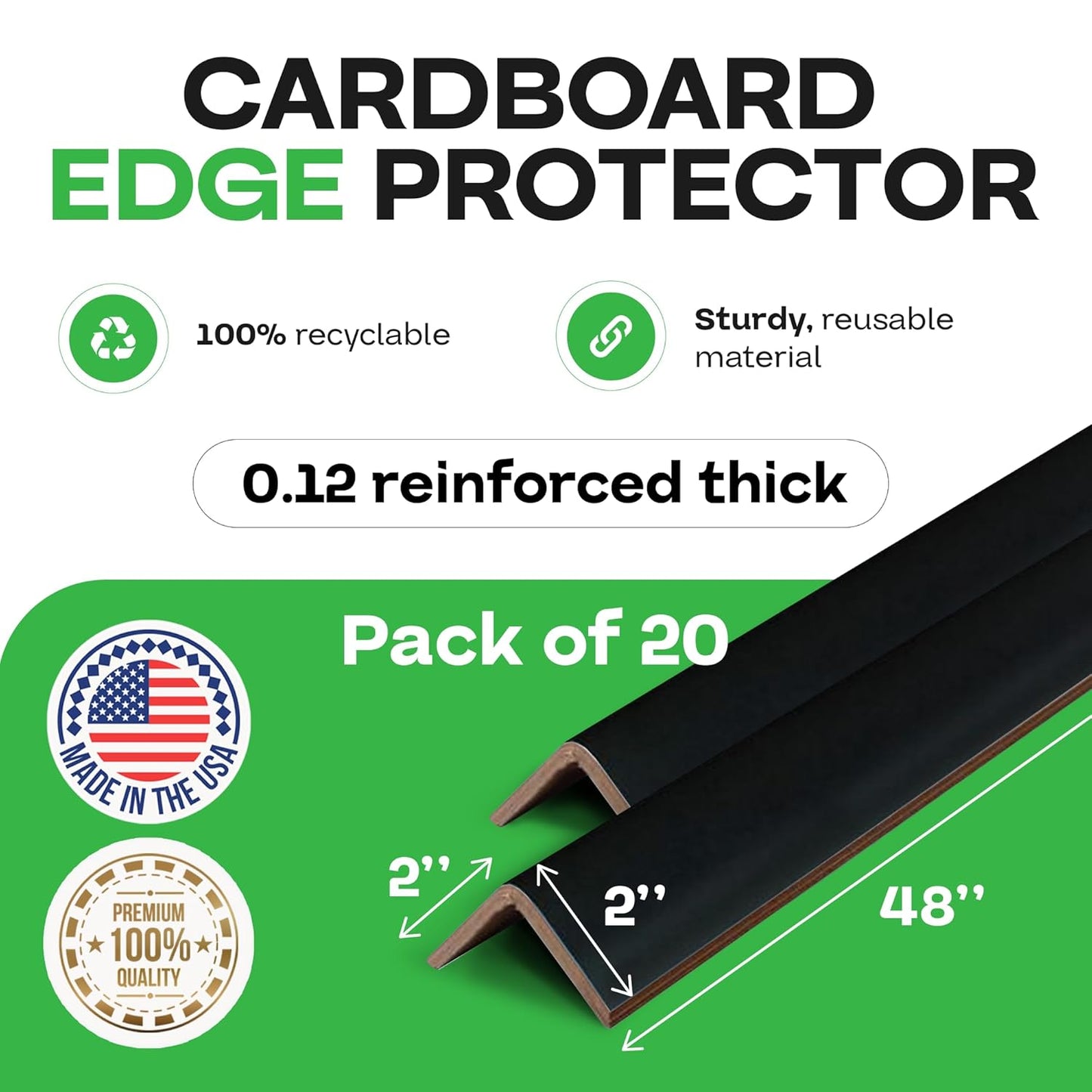 IDL Packaging 2” x 2” x 48” Black Cardboard Edge Protector (Pack of 20) - Corner Protectors for Shipping, Storage, & Moving – Reinforced Corner Guard Protection for Pallets, Wall Corners, & Furniture