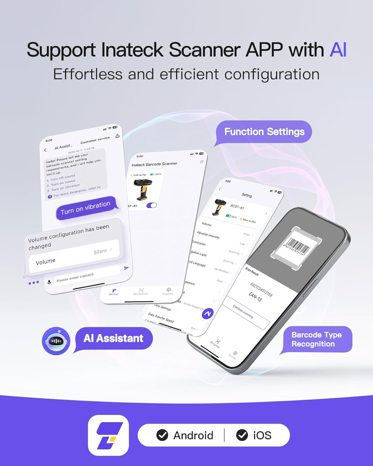 Inateck Industrial Barcode Scanner Bluetooth, 1D Scanner Wireless with IP67 Waterproof and Dustproof, Handscanner with App & SDK,BCST-61