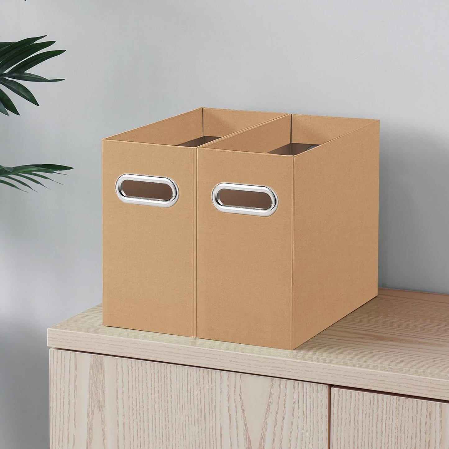 Oterri File Organizer, 2 Packs Small Storage Box, Cardboard File Folder Organizer, Collapsible File Box for Hanging File Folders Letter Size, Portable Filing Organizer with Handle (Brown)