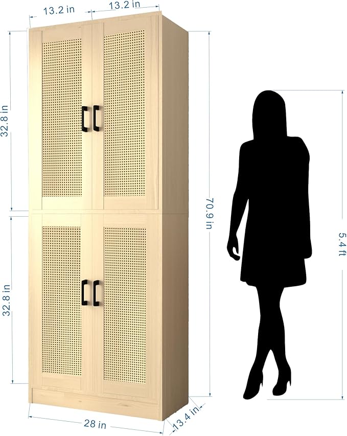 Oak Rattan Kitchen Pantry, 71" Tall Storage Cabinet with Doors, Boho Hutch for Dining Room