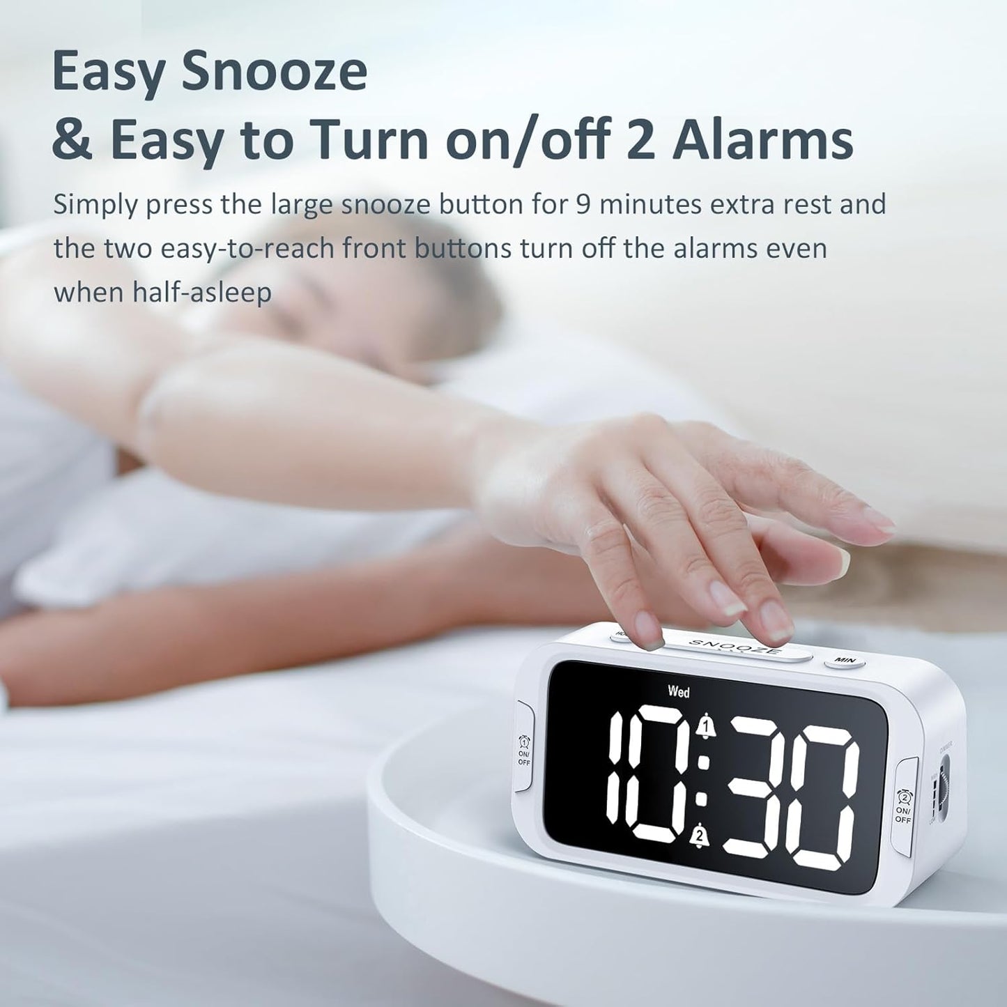 Digital Dual Alarm Clock for Bedroom, Easy to Set, 0-100% Dimmer, USB Charger, 5 Sound Adjustable Volume, Weekday/Weekend Mode, Snooze, 12/24Hr, Battery Backup, Compact Clock for Bedside(White)