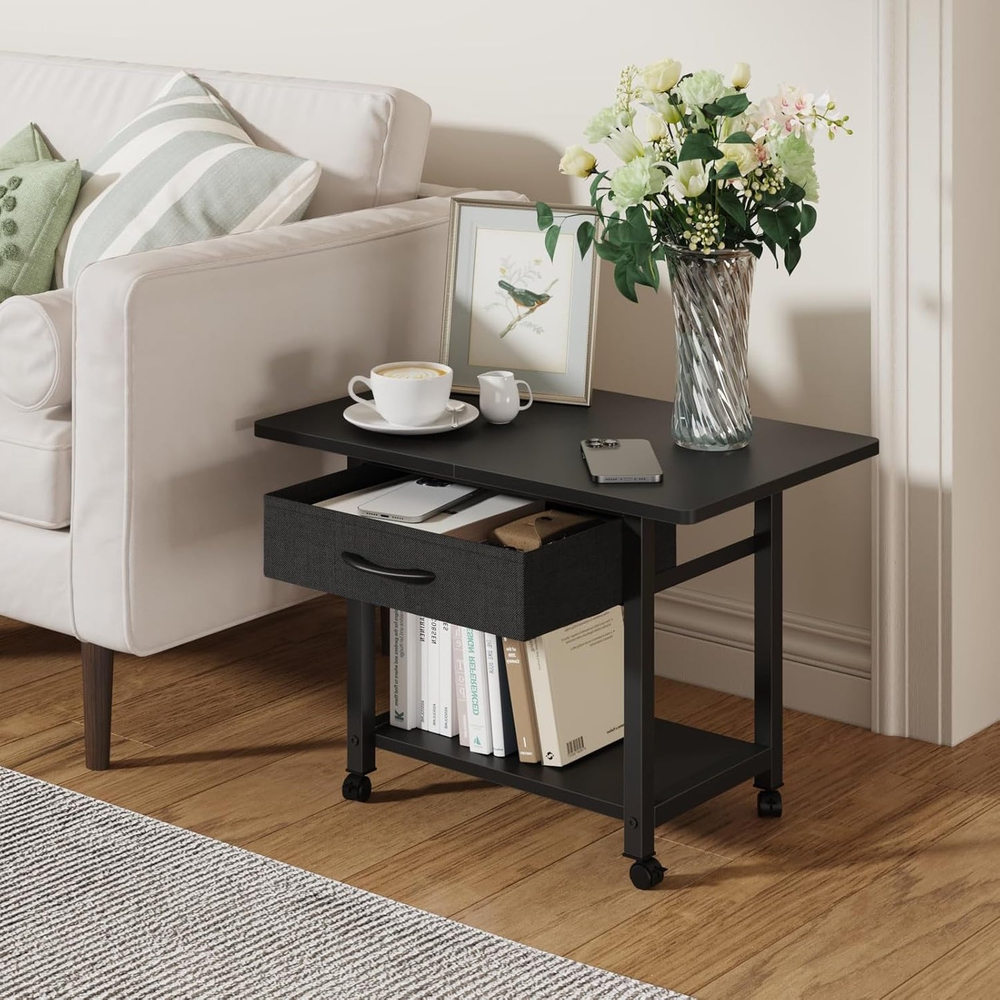 22"x15" Large Printer Stand with Storage Drawer, 2-Tier Under Desk Printer Table for Home Office, Printer Cart fit Fax Machine/3D Printer/Scanner(Black)