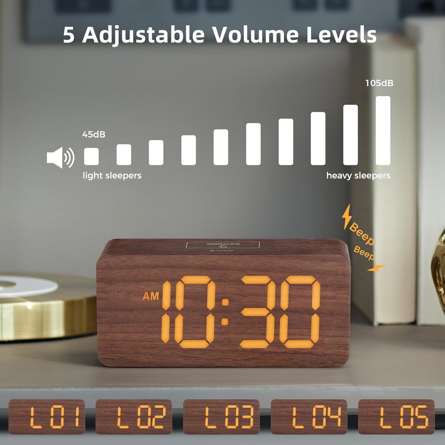 uscce Wooden Digital Alarm Clocks for Bedrooms: Dimmable Dual Alarm Clock with Large Numbers for Bedside Desk - Loud Alarm for Heavy Sleepers with Volume Control - Wood Decor & Gifts