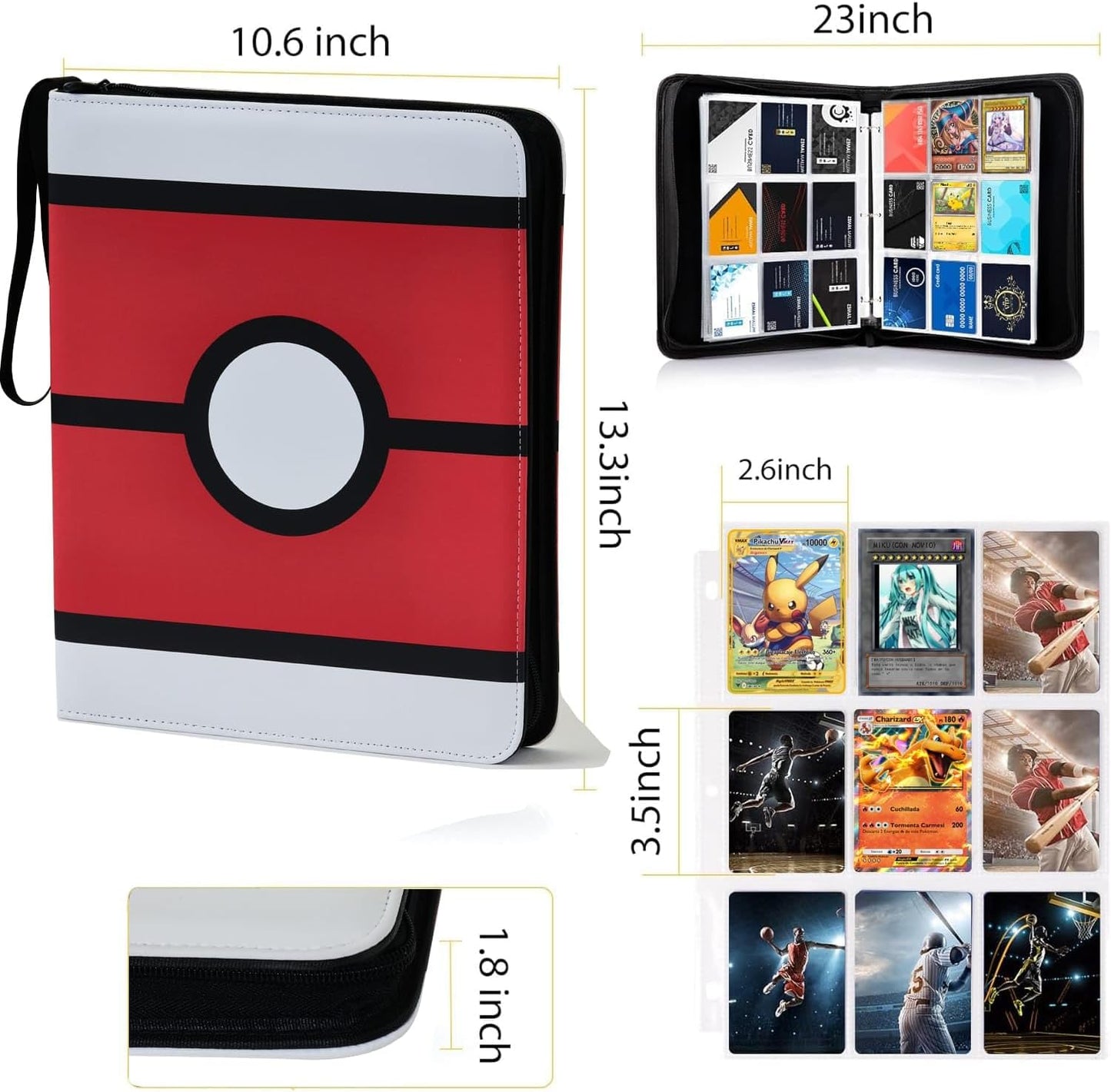 9 Pockets Trading Card Binder, PU Leather Card Folder, Trading Cards Binder with Premium Zipper, with Double Sided Pockets For 360 Card Album, Multicolored Sports Collection Binder.