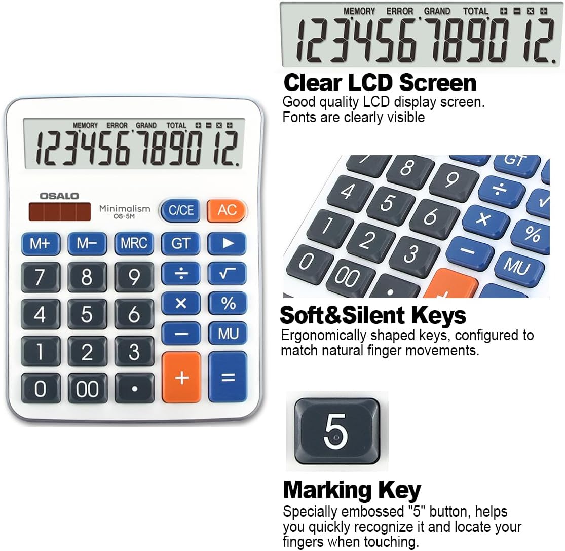 Desktop Calculator Extra Large 5-Inch Clear LCD Display 12-Digit Big Number Button Office Calculator with Auto Sleep Function (OS-5M)