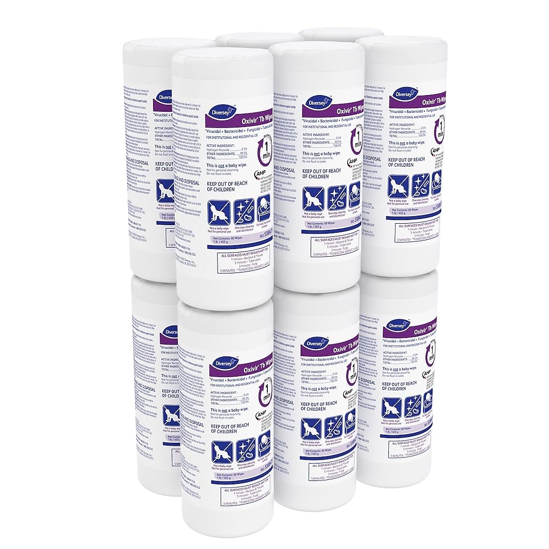 Oxivir Diversey Tb 5388471 Ready-to-Use Disinfectant Cleaning Wipes, Accelerated Hydrogen Peroxide, Large 7x8-Inch Sheets, 60-Wipes, 1-Slim Canister (Pack of 12)