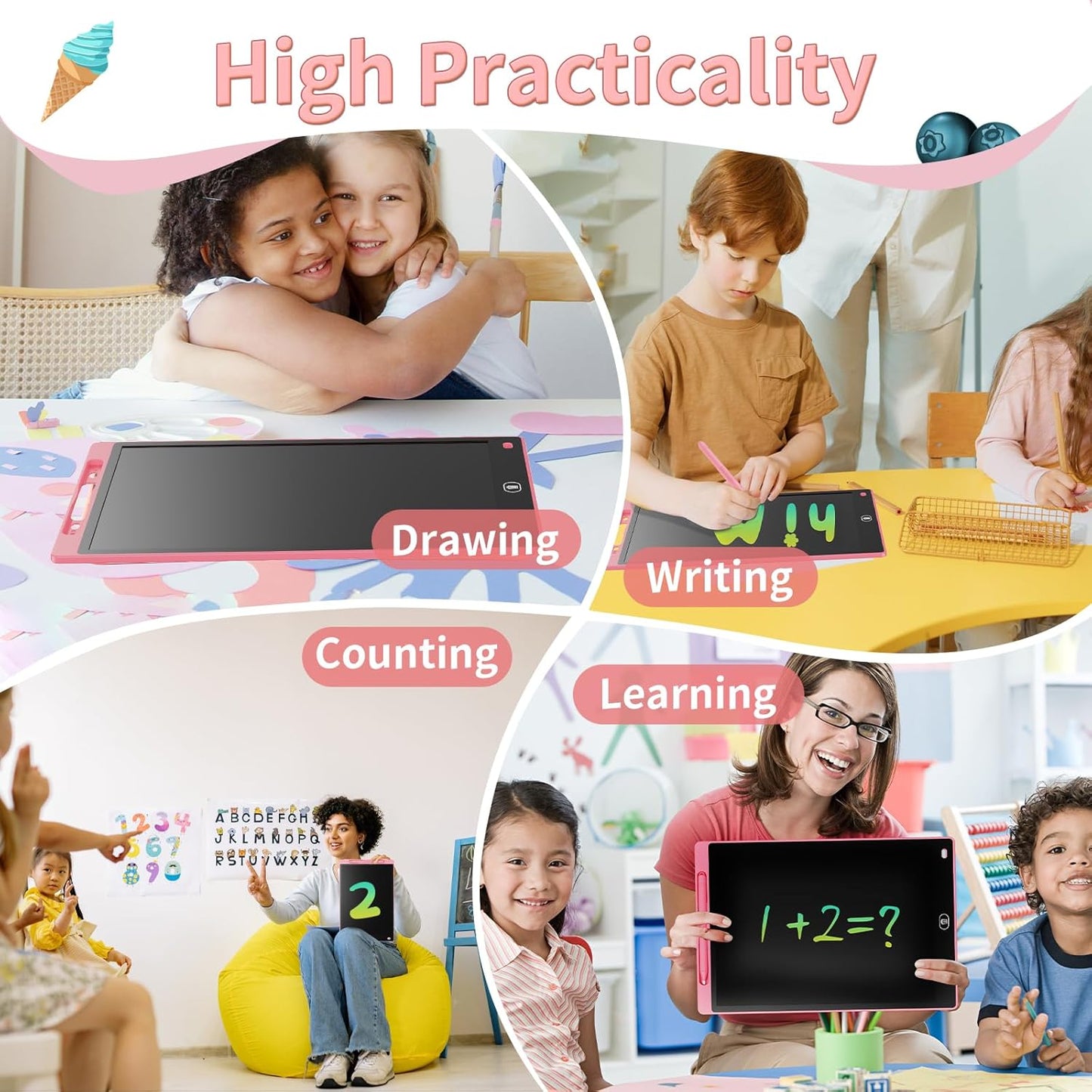 LCD Writing Board 16 Inches, Colourful Electronic Tablet, Portable Erasable Drawing Board, Graphic Tablet for Children's Games 3 4 5 6 7 Year Old Kid Boys Girls (Pink)