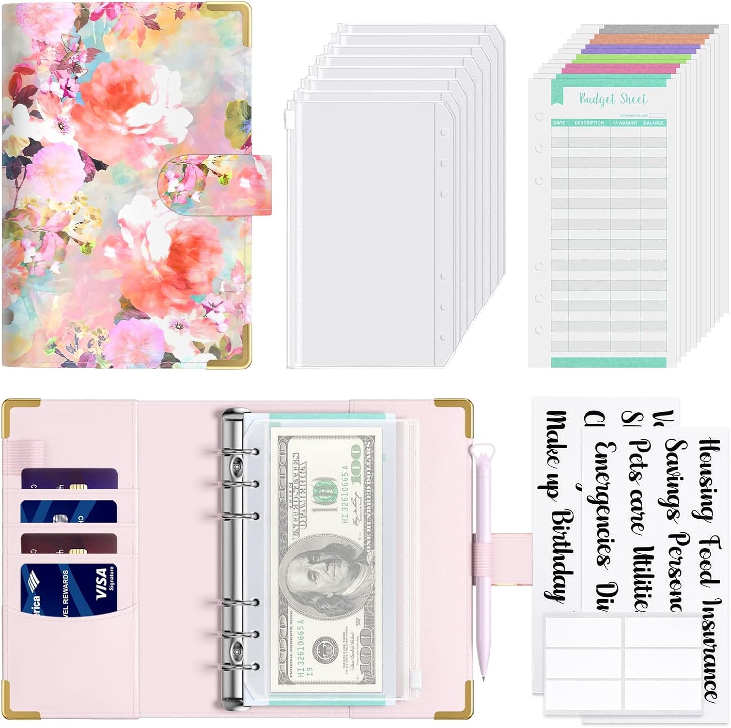 Rnivvi Budget Binder with Zipper Envelopes, A6 Money Saving Binder Cash Envelopes for Budgeting, PU Leather Planner Money Organizer for Cash Bills, Cute Floral System Wallet for Women, Pink Flower