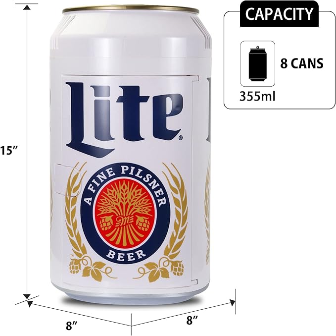 Miller Lite Mini Fridge - Refrigerator for Bedroom Office, Portable Table Top Beverage Cooler, 12V 110V Refrigerador For Drinks, Soda, Wines, Use In Car, Outdoor, Patio, 8 Can