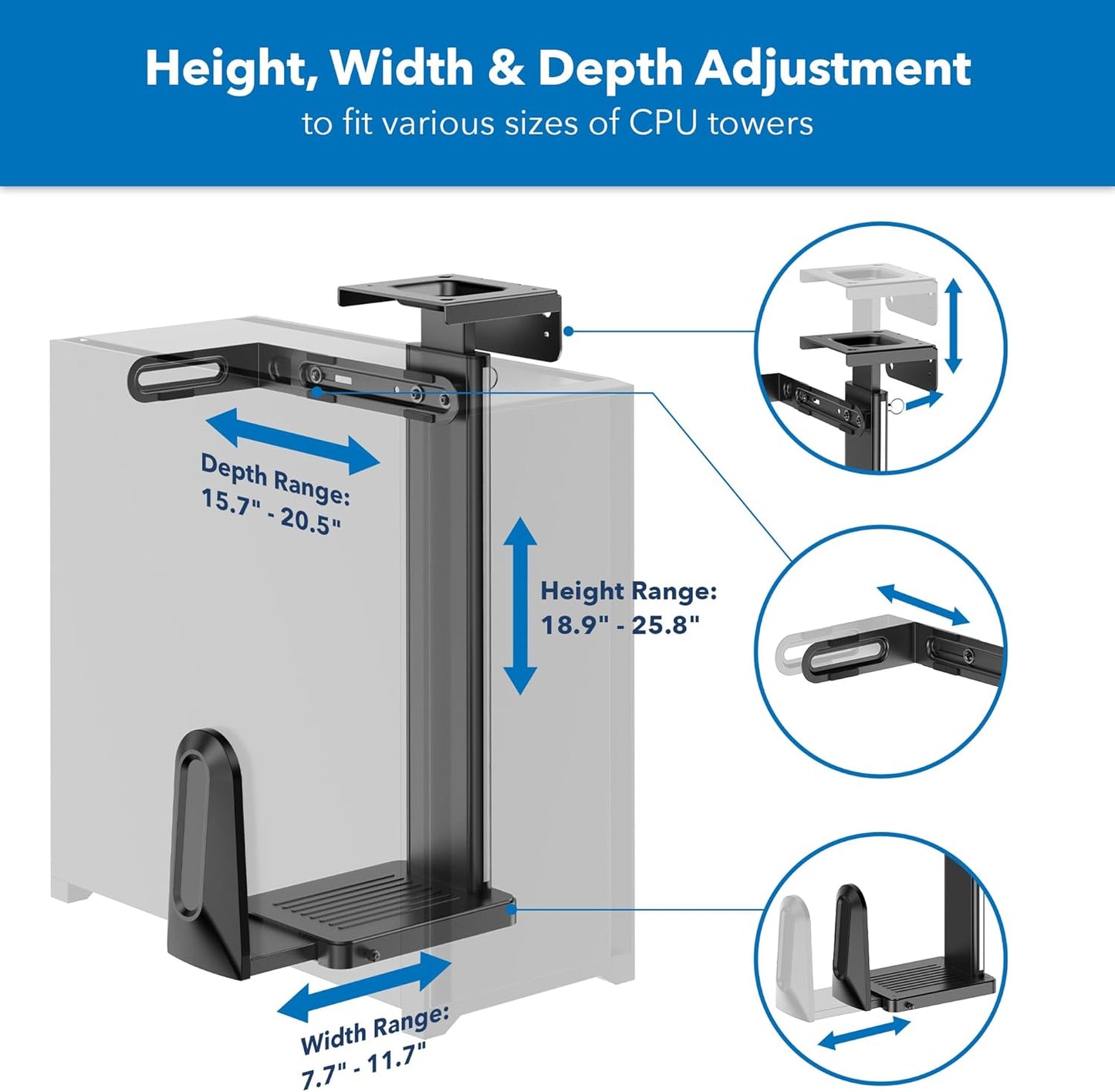 Mount-It! CPU Under Desk Mount Bracket, Height Adjustable Heavy Duty Computer Tower Wall Mount, 44 lbs Weight Capacity, Adjustable Width Computer Case Holder Installation Under Desk or On Wall, Black