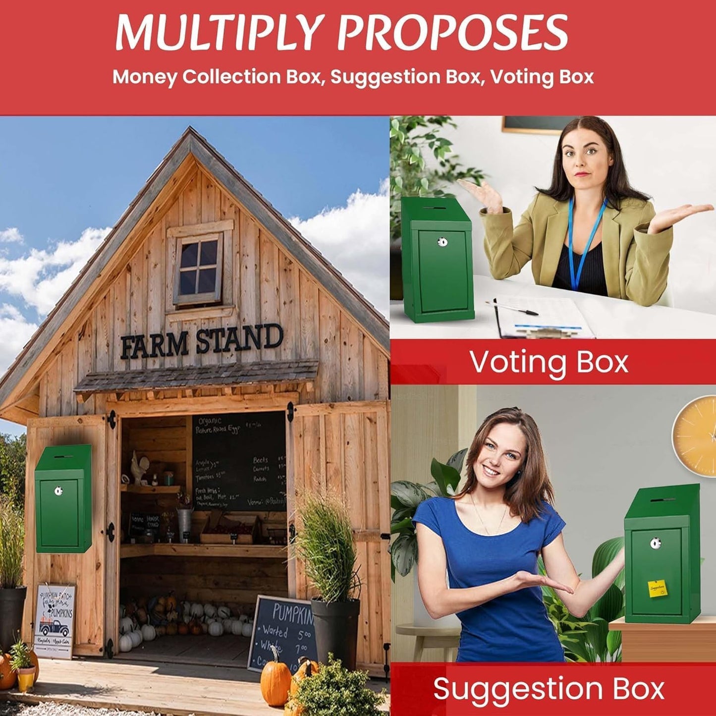 Metal Donation Box-Suggestion Box with Slot and lock-Cash Lock box for Money-Waterproof Drop Box-Comment and ballot voting box-comes with pre-drilled holes for easy wall mounting 10 X 6 X 2.5"(Green)