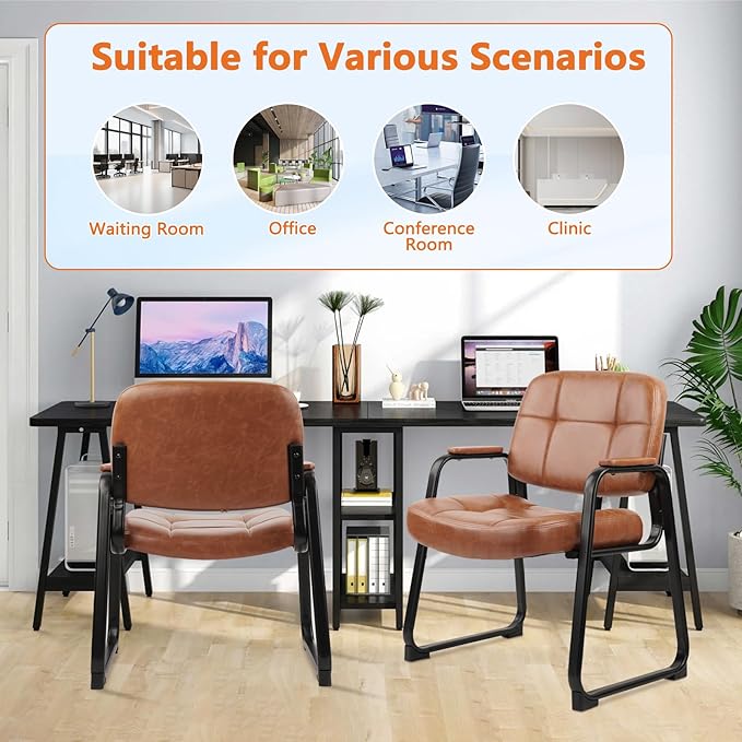 CLATINA Big & Tall 500 lb Waiting Room Chairs with Padded Armrests and Sled Base, Leather Stationary No Wheels Office Guest Chair for Reception Lobby Home and Meeting Conference, Brown (6 Pack)