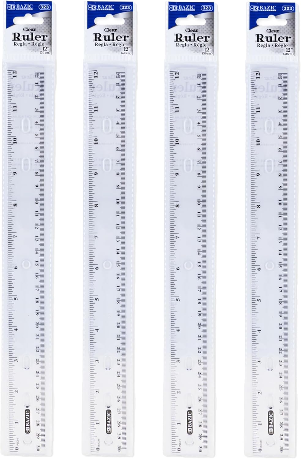 BAZIC Plastic Clear Rulers 12 inch (30cm), Inches Centimeter Metric Ruler Measuring Long Ruler, Straight Edge Ruler for Students School Supplies, 4-Pack