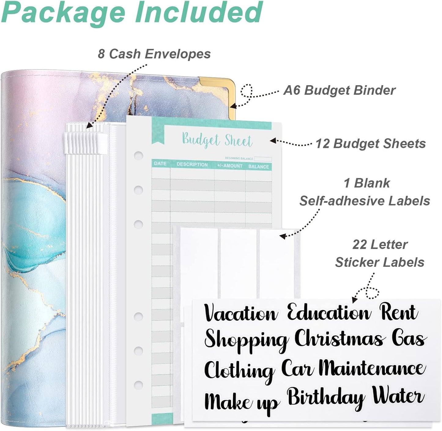 Rnivvi Budget Binder with Zipper Envelopes, A6 Money Saving Binder Cash Envelopes for Budgeting, PU Leather Planner Money Organizer for Cash Bills, Cute Marble System Wallet for Women Men, Blue Ink