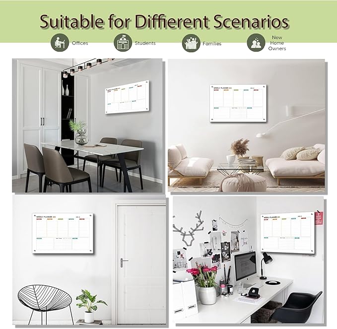 Glass Colorful Weekly Dry Erase Calendar Whiteboard for Wall,24"x 36",Frameless Mounting,Office/School/Home, Frameless Large Planner White Board