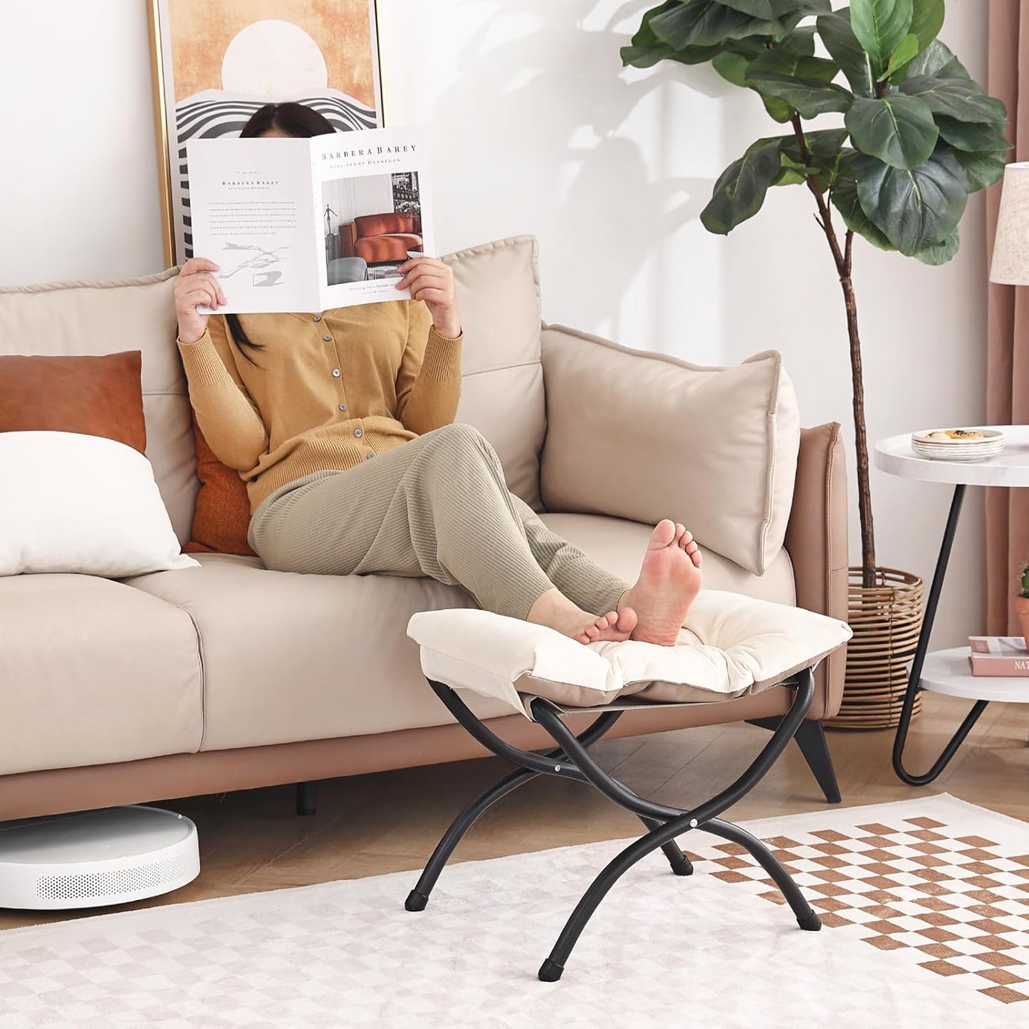 LITA 2 Pcs Folding Upholstered Footrest Stool, Modern Small Portable Accent Ottoman with Detachable Thick Cotton Cushion, Padded Sofa Stool with Metal Frame, Living Room & Bedroom,Velvet Beige