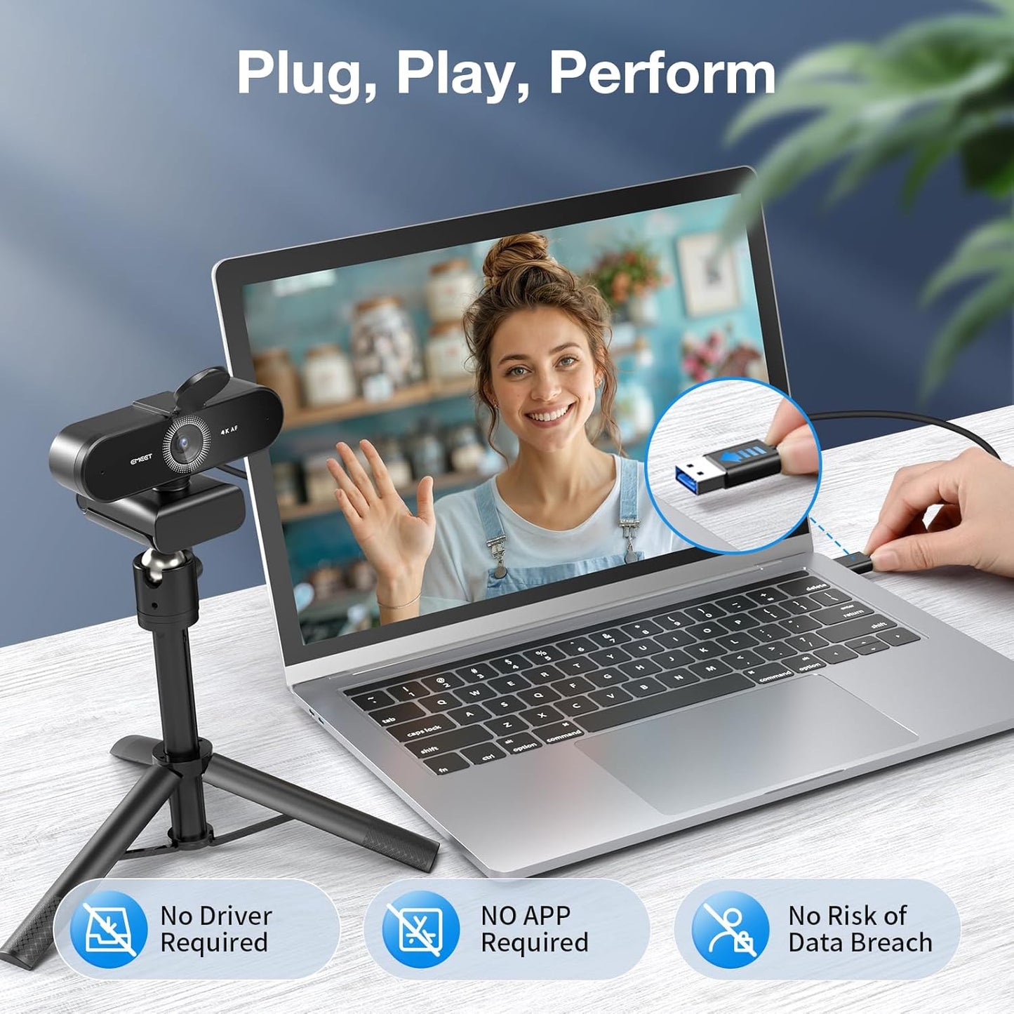 EMEET NOVA 4K Webcam with Tripod - 4K UHD, PDAF Autofocus, Adjustable Heights with 360° Swivel Head, 2 Noise-Cancelling Mics, USB Plug&Play, Privacy Cover, Ideal for Online Meetings&Live Streaming