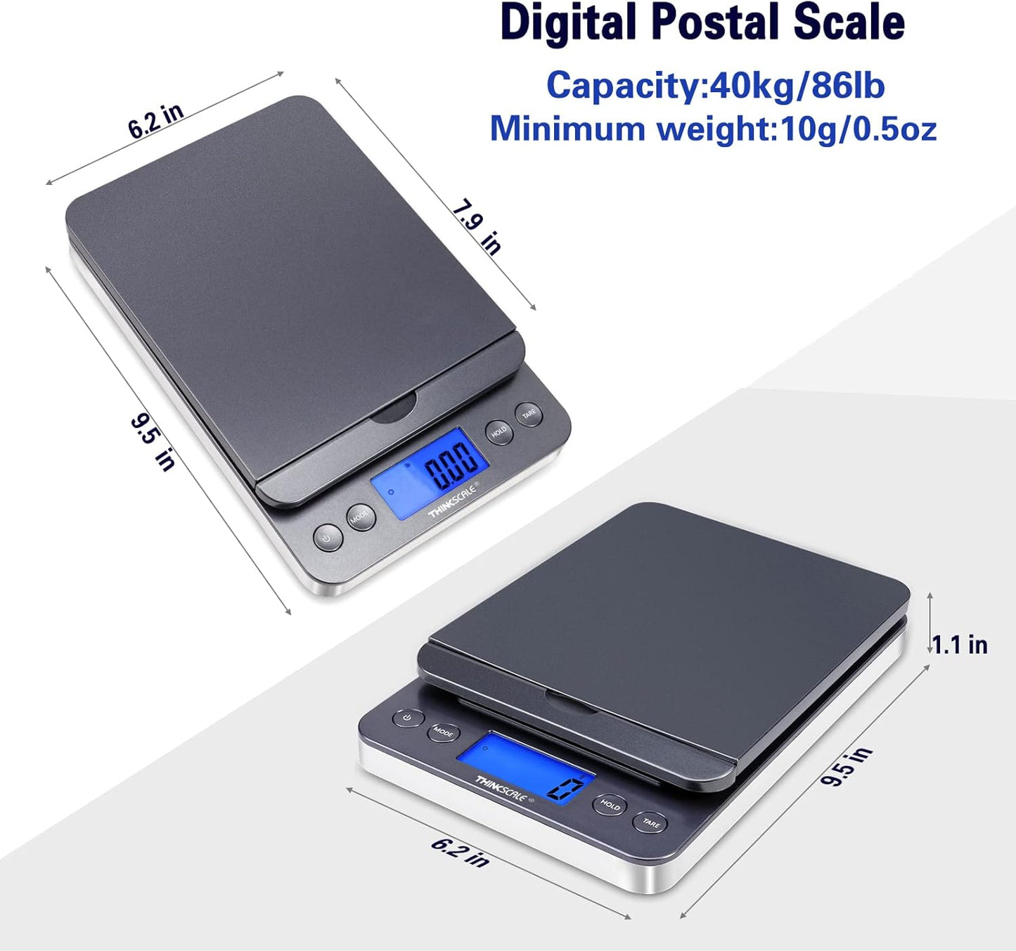 THINKSCALE Shipping Scale, 86lb/0.1oz Postal Scale with Hold and Tare, Scale for Packages, LCD Display, Postage Scale, Mail Scale, Shipping Scale for Small Business, Batteries & AC Adapter