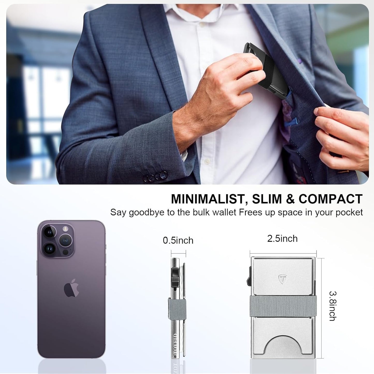 Slim Card Holder for Men&Women Compact Metal Front Pocket Wallets Pop Up Quick Access Credit Cards Holder with RFID Blocking Expandable Backplate&Money Band,Holds 12+ Cards,Silver