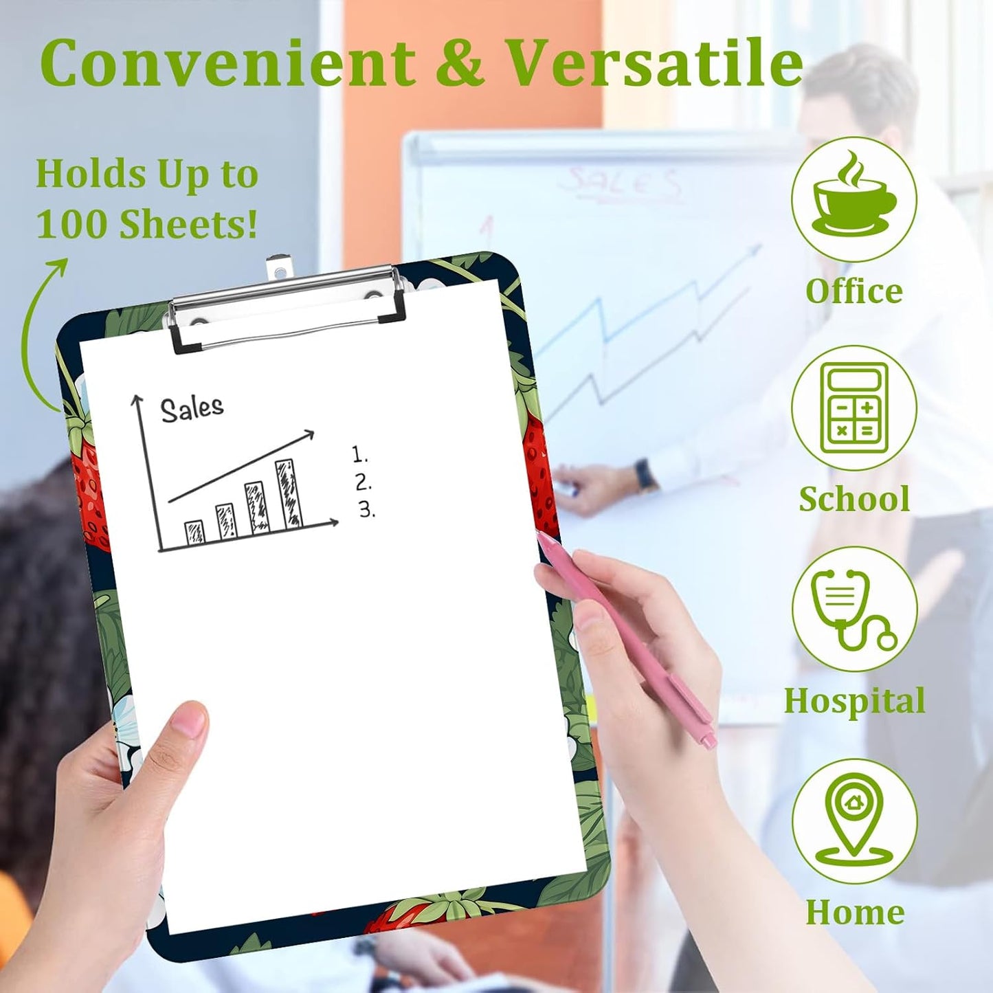 Strawberry Clipboard,Decorative Floral Acrylic Clipboard with Low Profile Metal Clip for Office,School,Teachers,Students Standard Letter Size 9x12.5