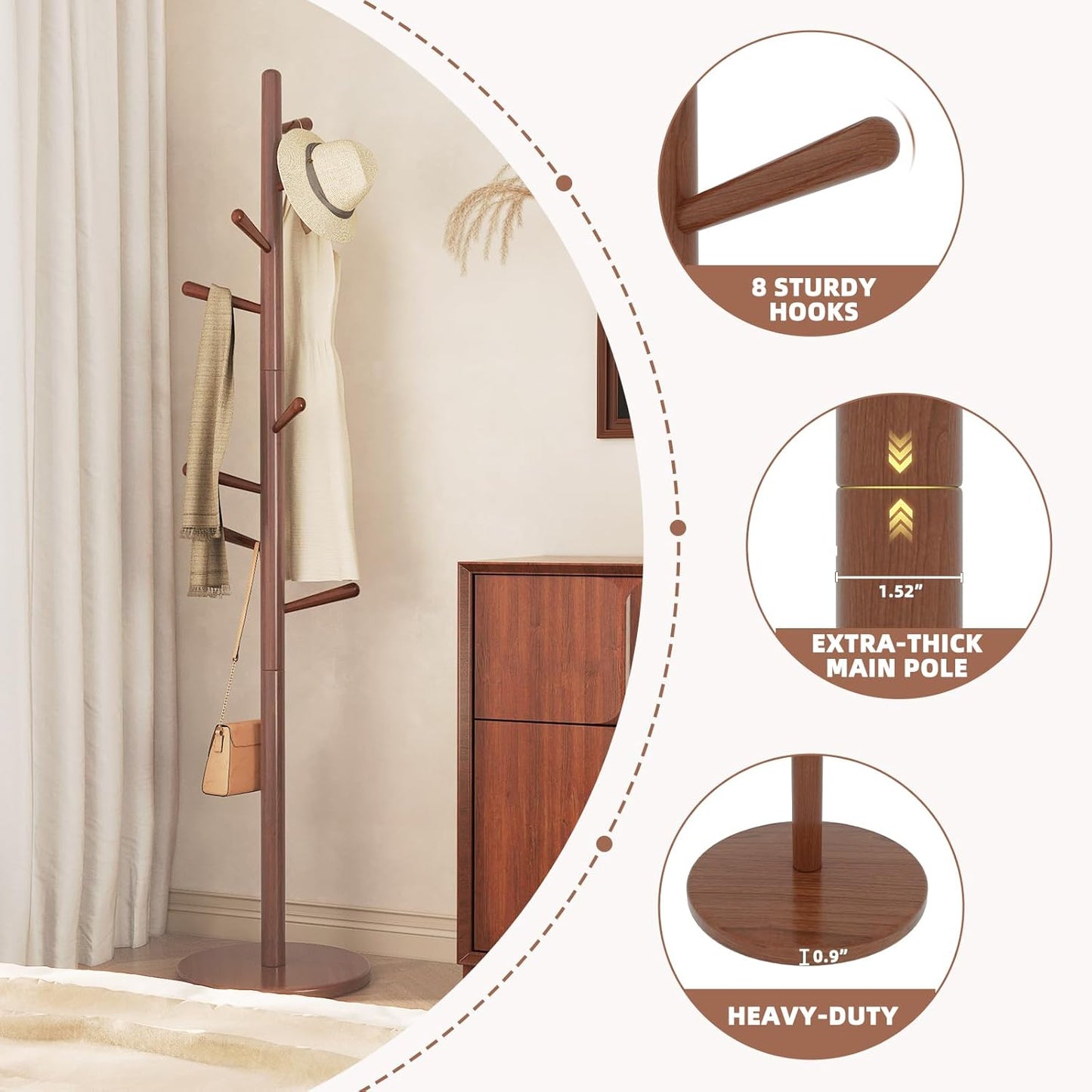 Uniclinens Coat Rack Freestanding Solid Wood Coat Tree Standing with 8 Hooks, Coat Rack Stand Creative Tree Branch-Look (Walnut)