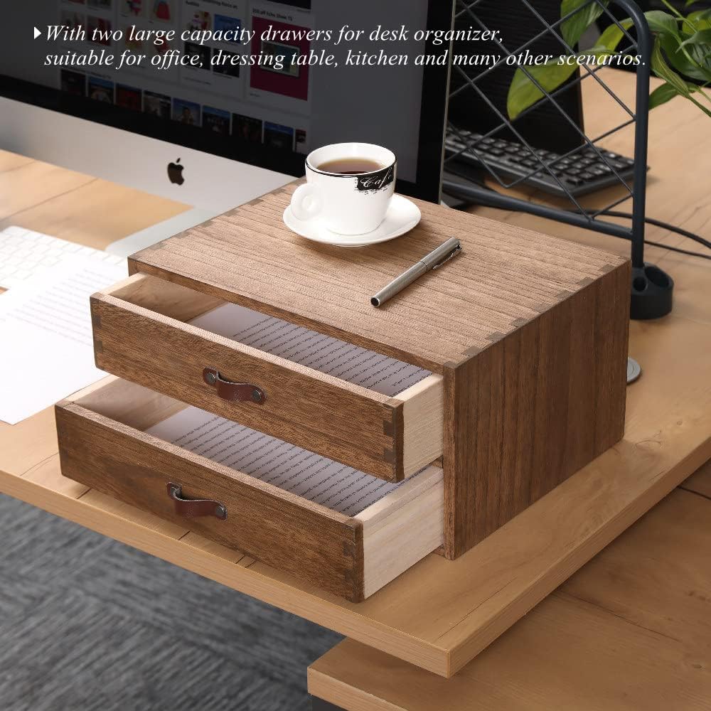 Wood 2 Drawer Desktop Organizer Cabinet - Desk Storage Box for Kitchen Counter,Dresser Tabletop -Wooden File Organizer Printer Machine Stand for Office Accessories Chest Dark (FAX2C-DK)