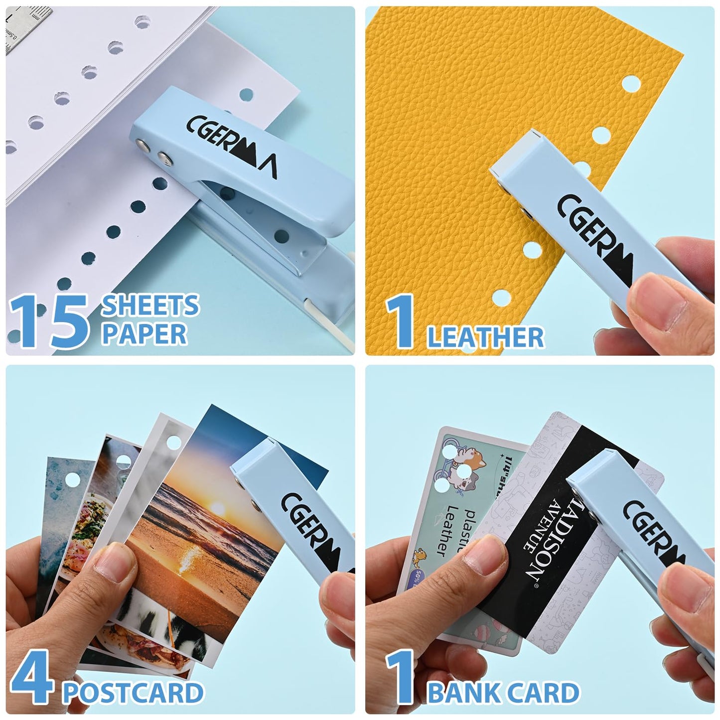 Single Hole Puncher, 1/4" Hole, 50% Labor Savings, Heavy Duty Metal Punch, 15 Sheet Capacity, for ID Cards, Chipboard, Art Project, Crafts Easy Punching, Blue