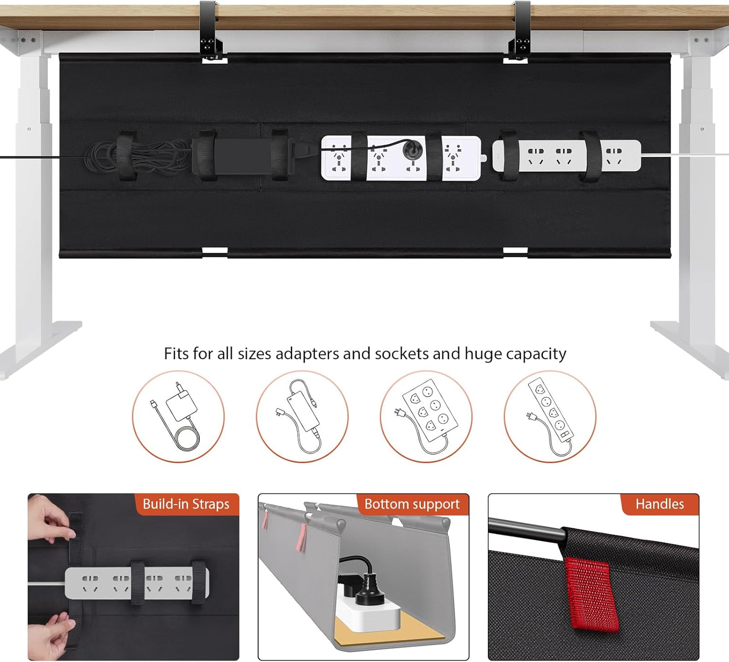 Univivi No Drill Under Desk Cable Management Tray, 48" Cord Organizer for Table, Clamp/Screw Mount Desk Cable Management, Premium Fabric Cable Management Tray for Office, Home (Extra Large)