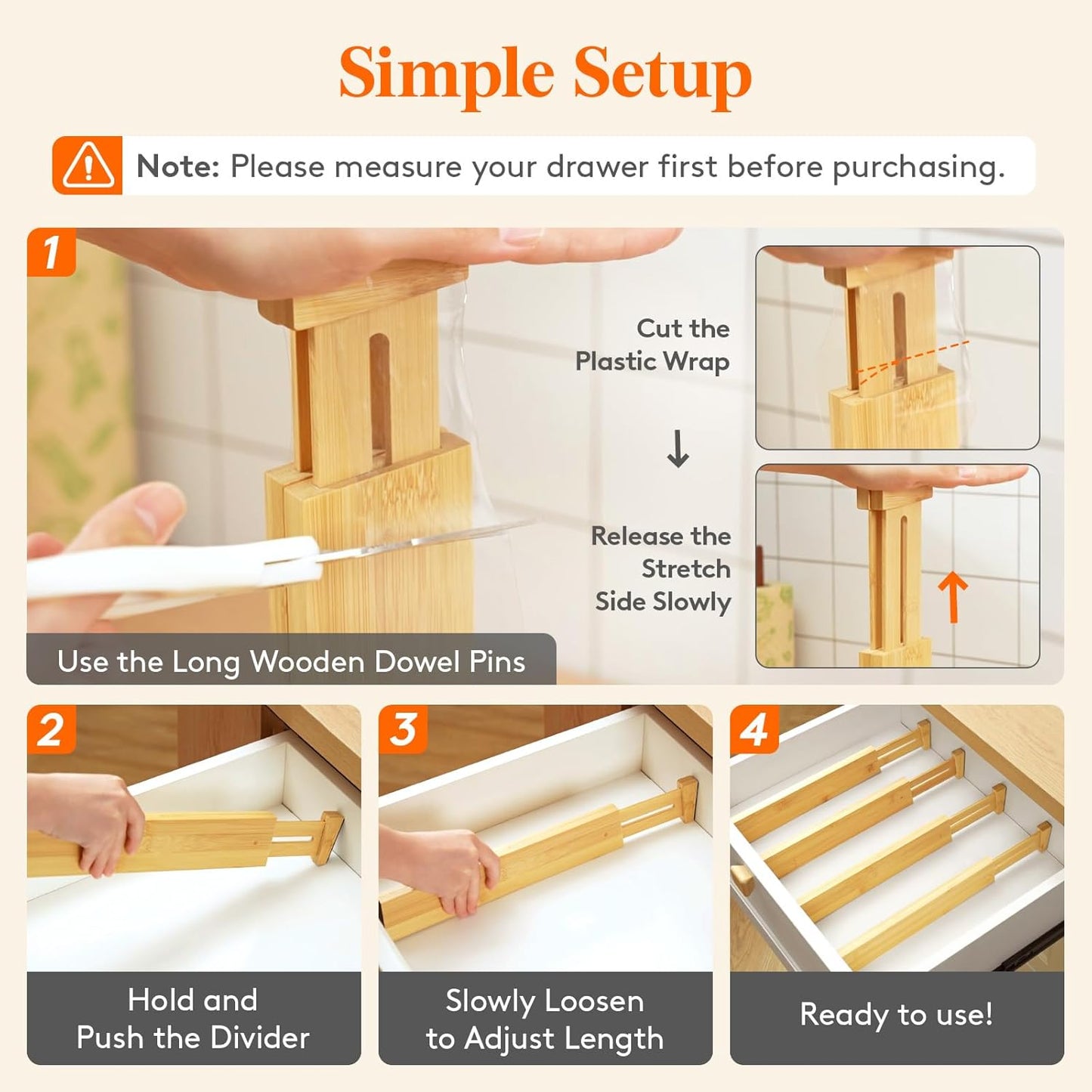 Lifewit 6 Pack Drawer Dividers Bamboo 2.4" High, 12-17" Adjustable Drawer Organizers for Clothes, Wooden Dresser Separators in Bedroom/Bathroom/Kitchen/Fridge/Office Organization and Storage