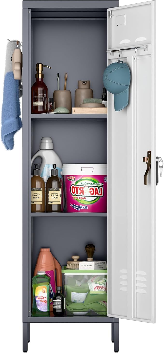 Aobabo Metal 54" H Metal Storage Locker for Employees, Lockable 1 Door with Towel Rack and 2 Side Pegboards with Hooks for Home School Office Gym, Assembly Required (Gray White)