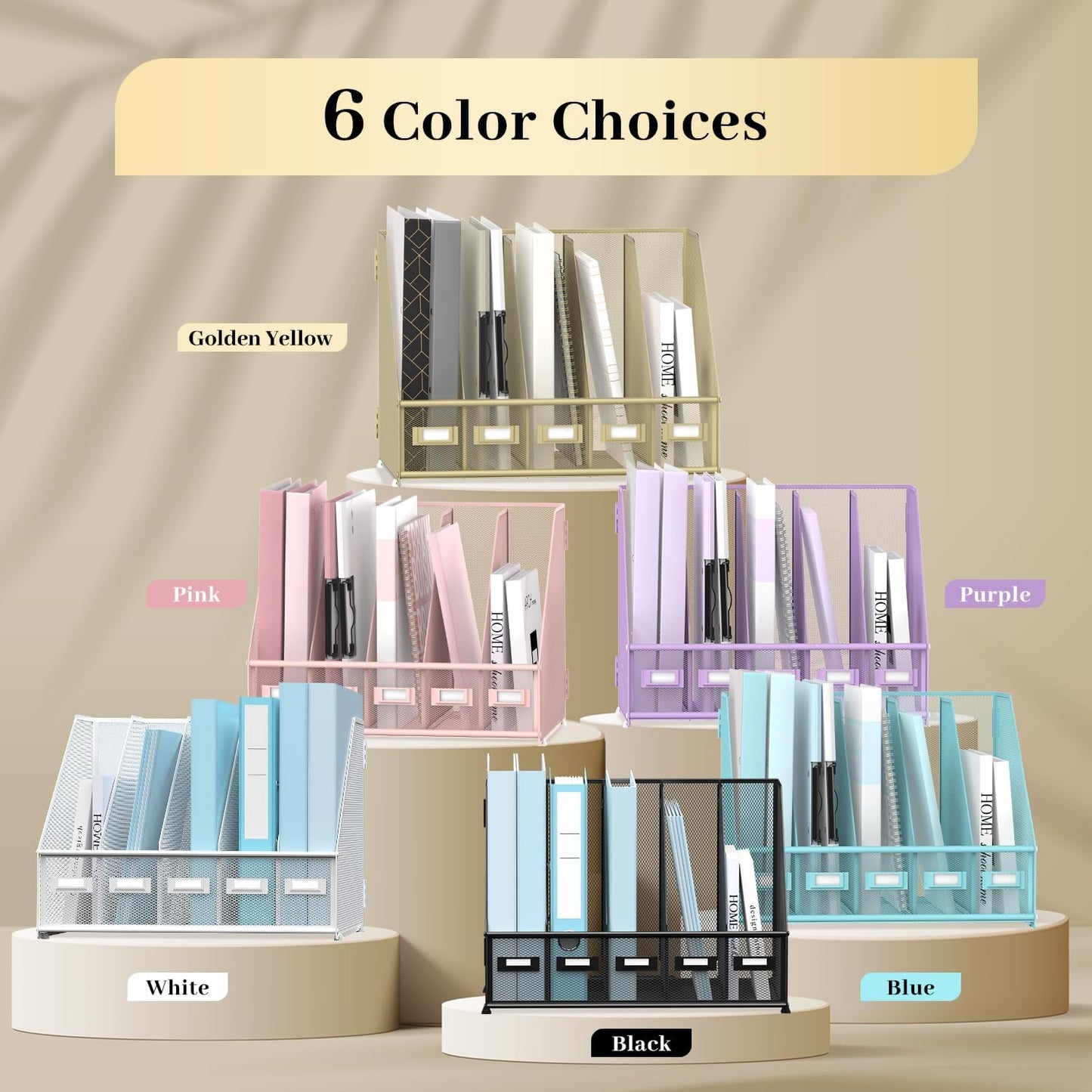 SUPEASY Desk Organizers Metal Desk Magazine File Holder with 5 Vertical Compartments Rack File Organizer for Office Desktop, Home Workspace, Golden Yellow