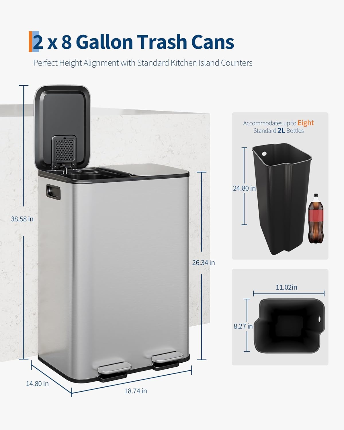 GarveeHome 2 x 8 Gallon Stainless Steel Double Trash Can with Lid for Kitchen, Large Dual Trash and Recycle Bin Combo, Step-on Kitchen Metal Garbage Cans, PP Inner Buckets, Liner Rim, Silver