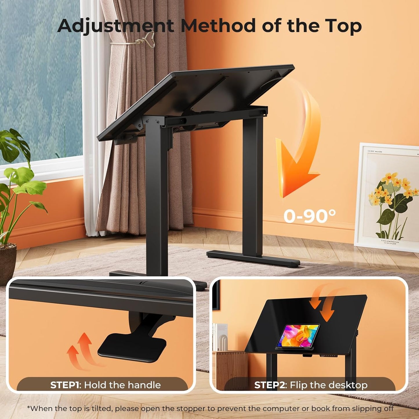 Glass Standing Desk,35inch Whole Piece Rolling Sit Stand Table with Wheels,90° Tiltable Mobile Rising Height Adjustable,Foldable Top Suit for Small Laptop,Black