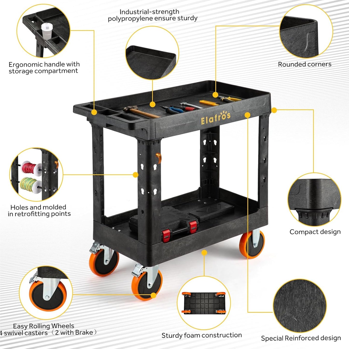 ELAFROS 2-Tier Heavy Duty Plastic Utility Cart, 34" x 17", Work Cart with Tub Storage, Deep Shelves, 2 Fixed 2 Swivel Wheels, Holds up to 550 lbs, 6" Casters, Service Cart for Warehouse