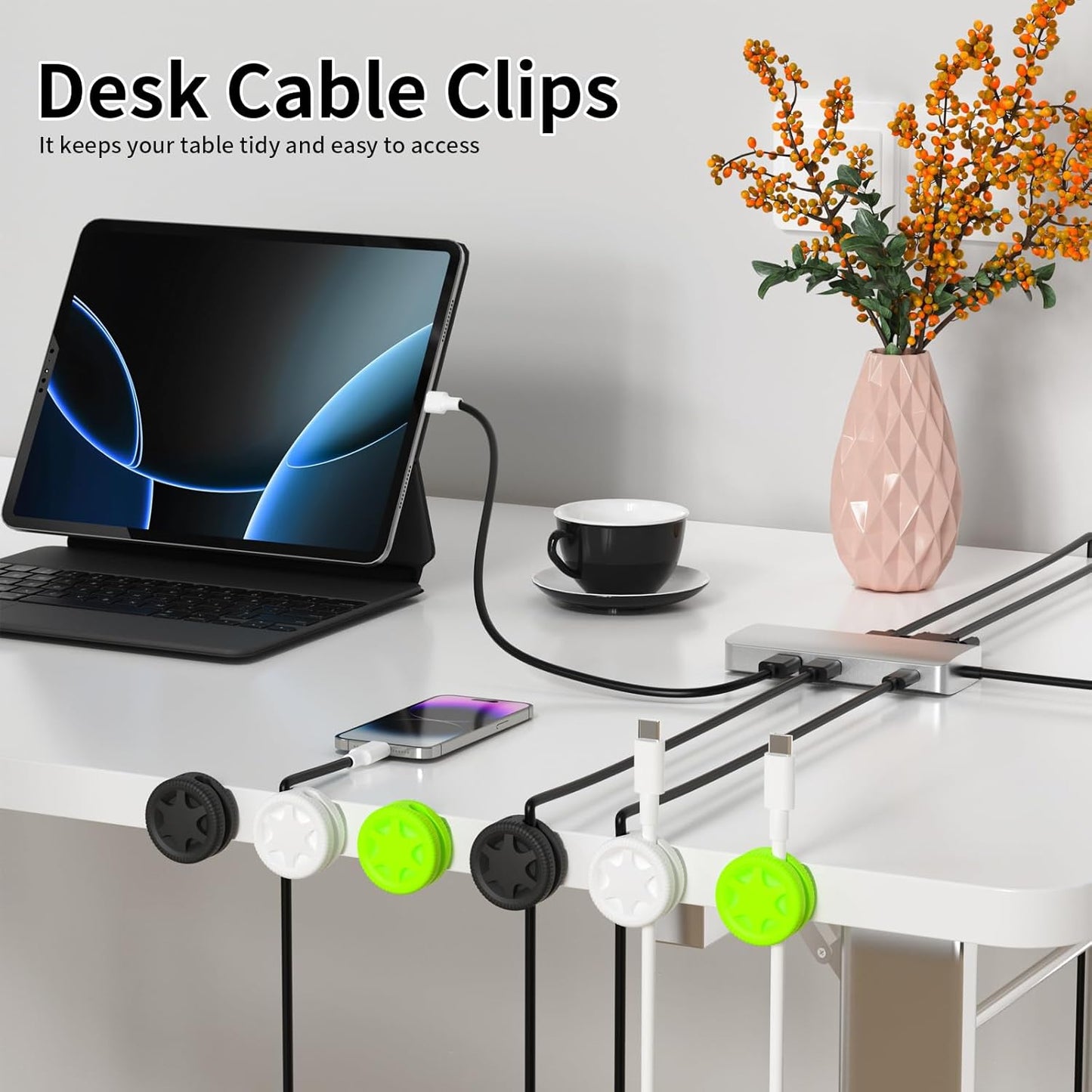 6 Pack Cord Organizer Clips - Desk Cable Management Clips, Cable Holder for Charger Wires, Phone Charger Cord Holder Clips for Desk, Office, Car, Home, Cubicle, Nightstand
