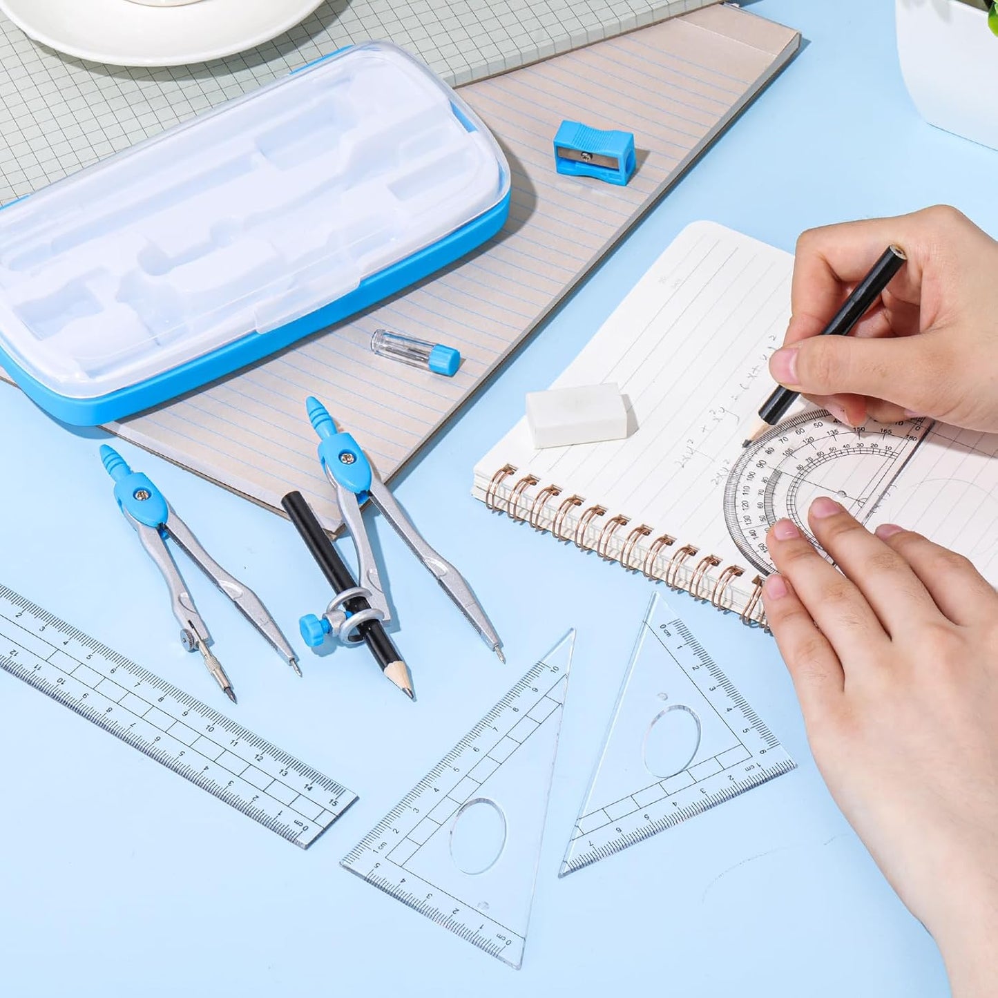 Zonon Math Geometry Set 10 Pcs Student Supplies with Shatterproof Storage Box, Includes Rulers Protractor Compass Pencil Sharpener Lead Refills Eraser Pencil for Drafting and Drawings(Blue)