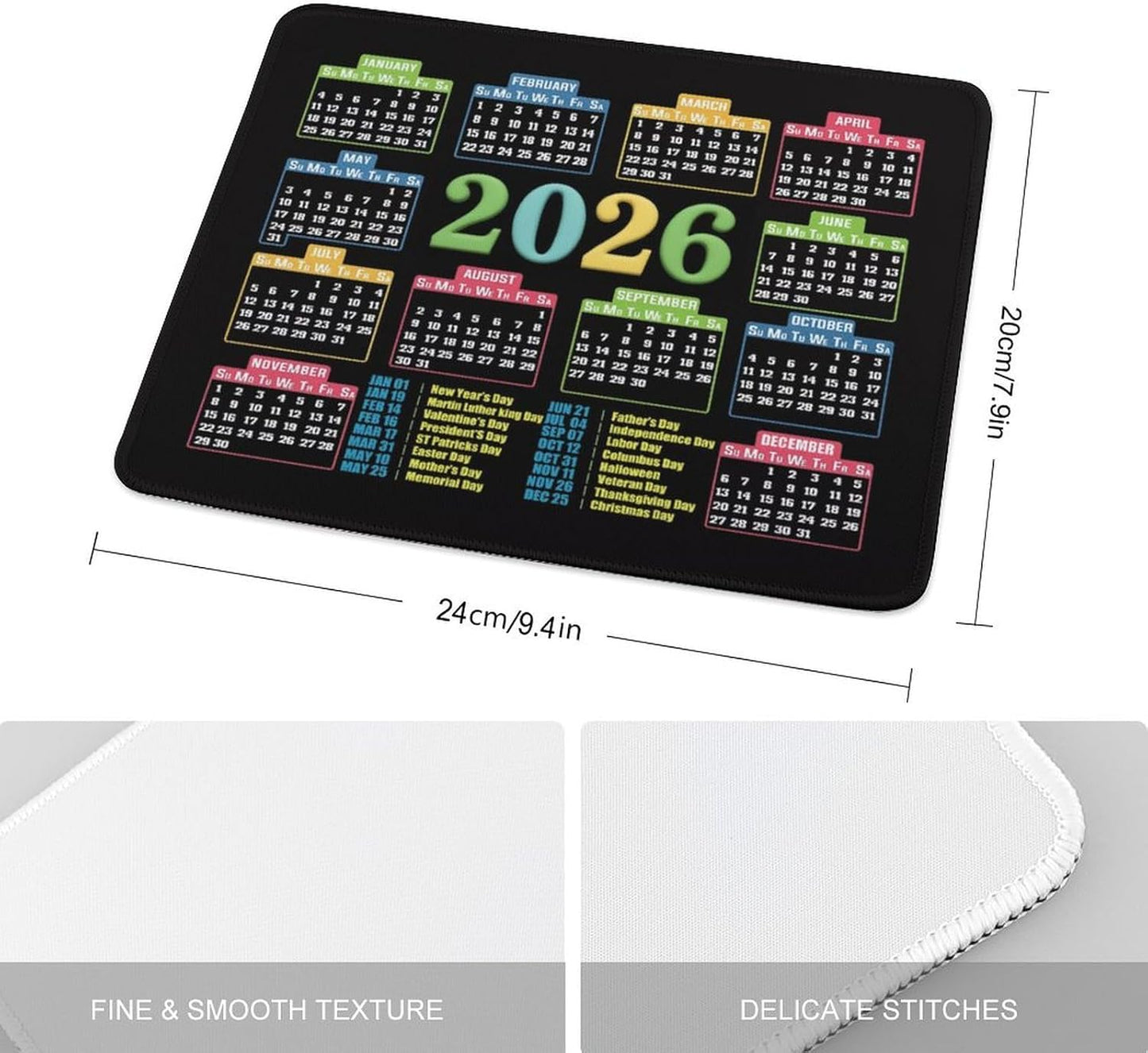 Mouse Pad 2026 Calendar Stitched Edge,Computer Mouse Pads Calendars Non-Slip Rubber Desk Mat Mousepad Gaming Office Keyboard Mat (9.45x7.87 in) (Colorful)