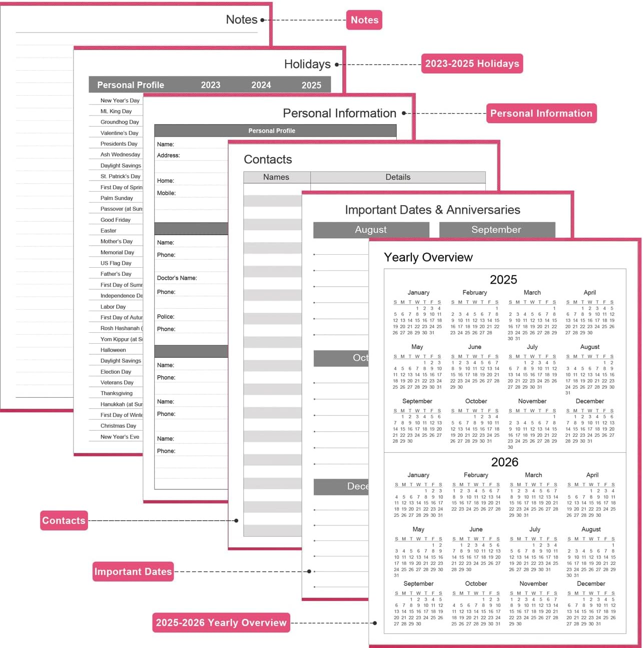 Daily & Monthly Planner for 2025 2026 or Anytime - ADHD Planner Two Pages Per Day, Daily Planner Undated to Increase Focus, Eliminate Overwhelm, Achieve Your Biggest Goals, 5.8'' × 8.3'', Pink
