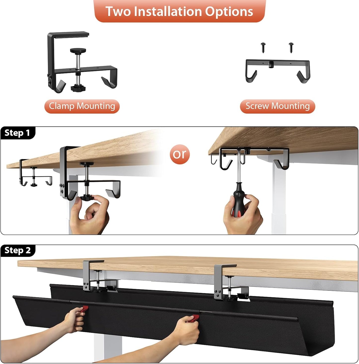 Univivi No Drill Under Desk Cable Management Tray, 48" Cord Organizer for Table, Clamp/Screw Mount Desk Cable Management, Premium Fabric Cable Management Tray for Office, Home (Extra Large)